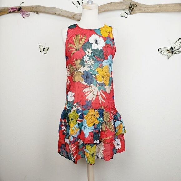 Indian gauze semi sheer bright floral ruffle dress - Picture 1 of 5